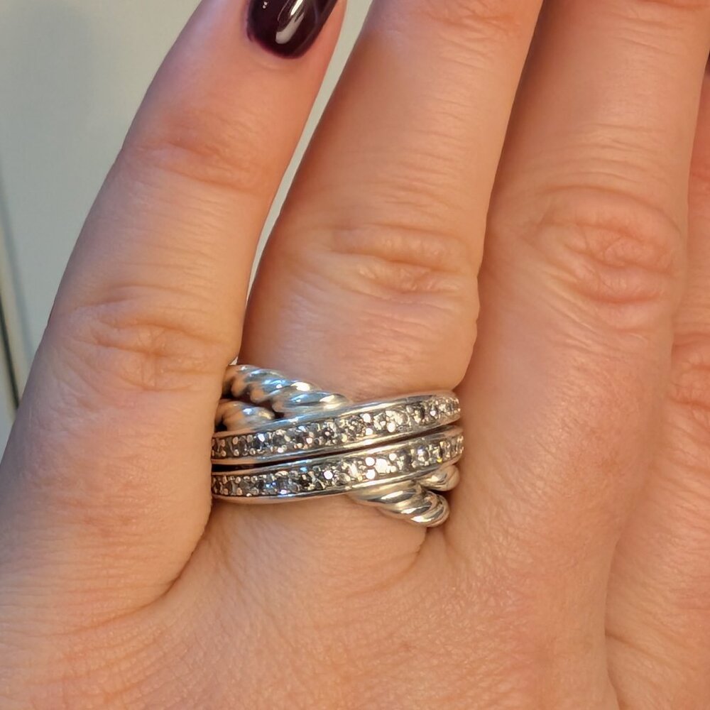 David Yurman 925 Silver Diamond Double Row Crossover Ring Size 5.5-6 - Picture 4 of 8